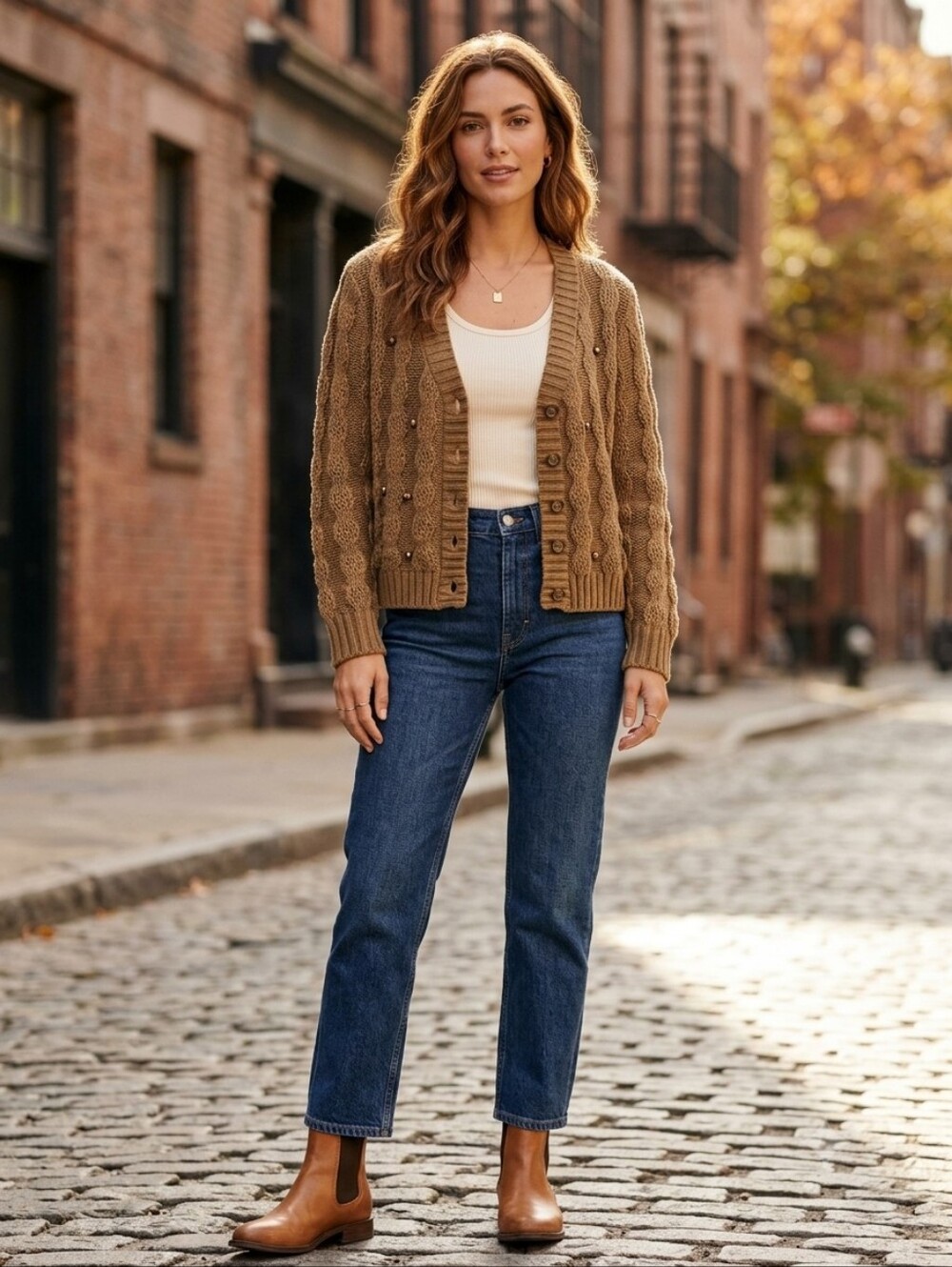 Zara Knit Chunky Cable Knit Cardigan Studded V-Neck Brown Cropped Sweater Medium